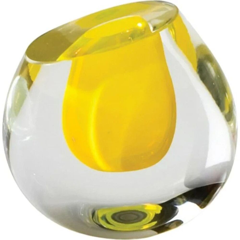 Global Views Color Drop Vase Lemon Yellow Hand Blown Art Glass Poland 4.5in